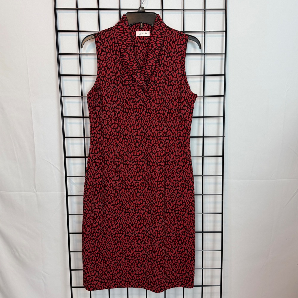 Calvin Klein Midi Dress Womens XS Red Black Leopard‎ Print Sleeveless Casual
